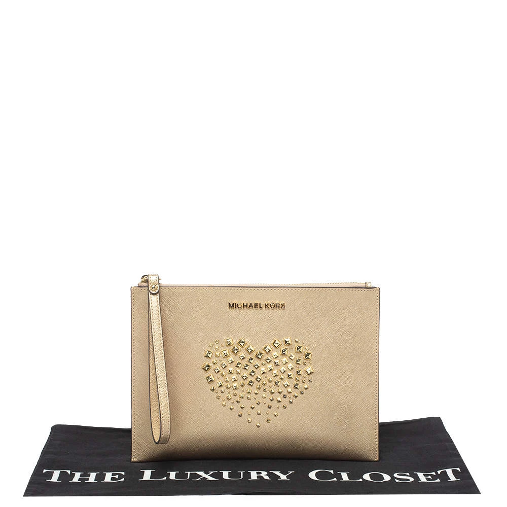 Michael Kors Metallic Gold Leather Heart Studded Wristlet Clutch For Women - Image 9