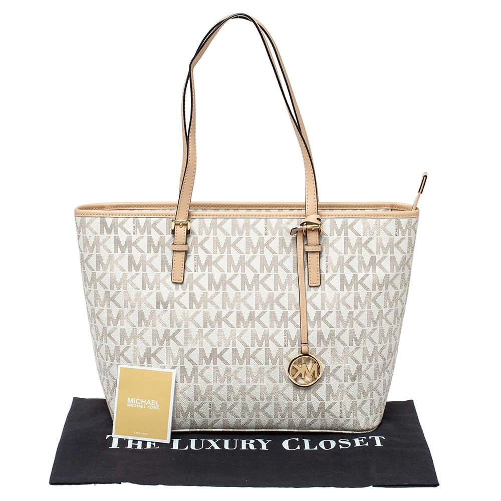 Michael Kors White/Beige Coated Canvas And Leather Medium Jet Set Tote For Women - Image 9