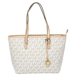 Michael Kors White/Beige Coated Canvas And Leather Medium Jet Set Tote For Women