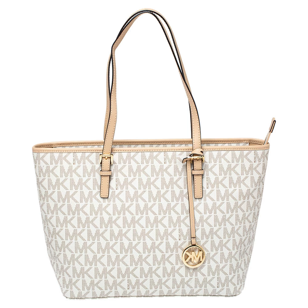 Michael Kors White/Beige Coated Canvas And Leather Medium Jet Set Tote For Women