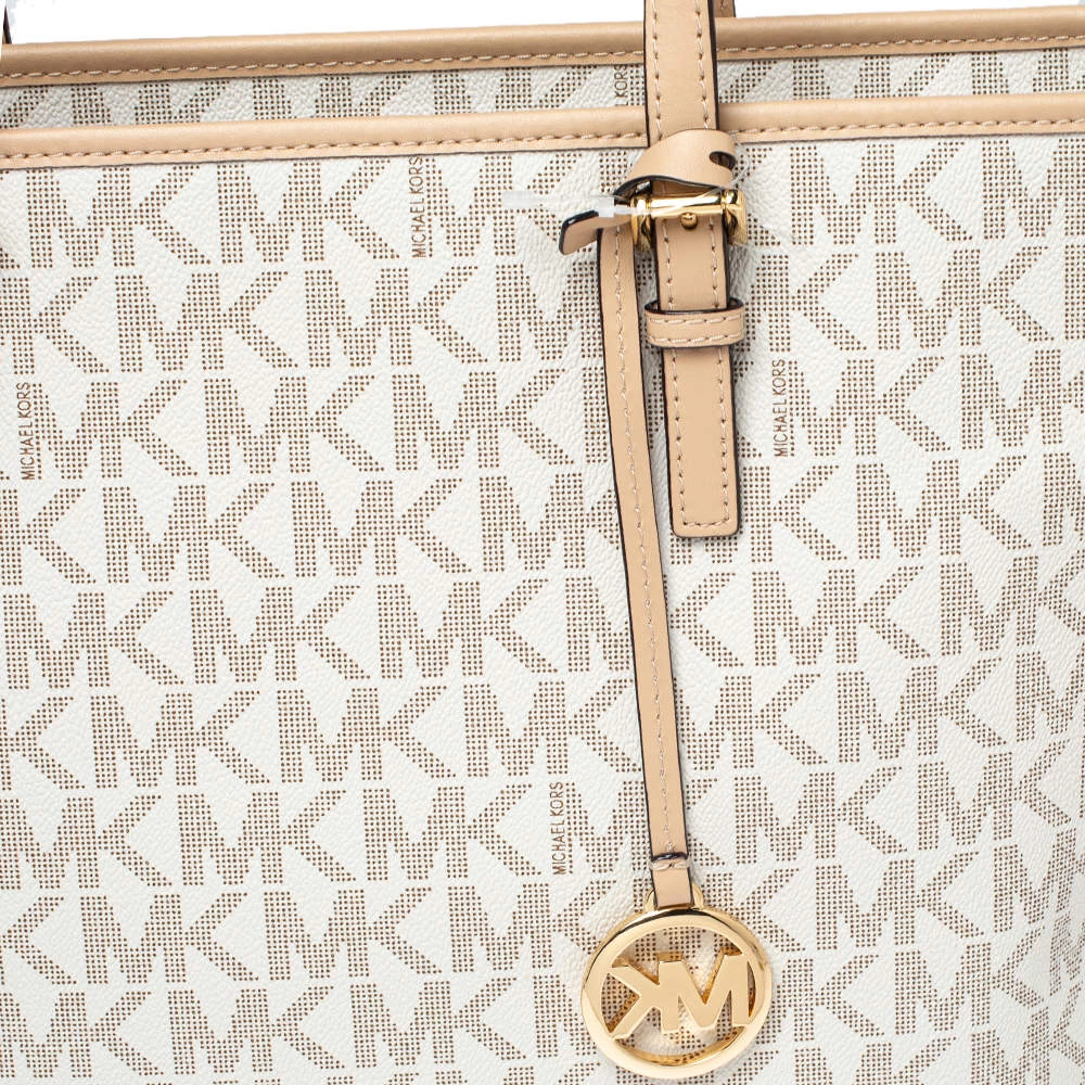Michael Kors White/Beige Coated Canvas And Leather Medium Jet Set Tote For Women - Image 5