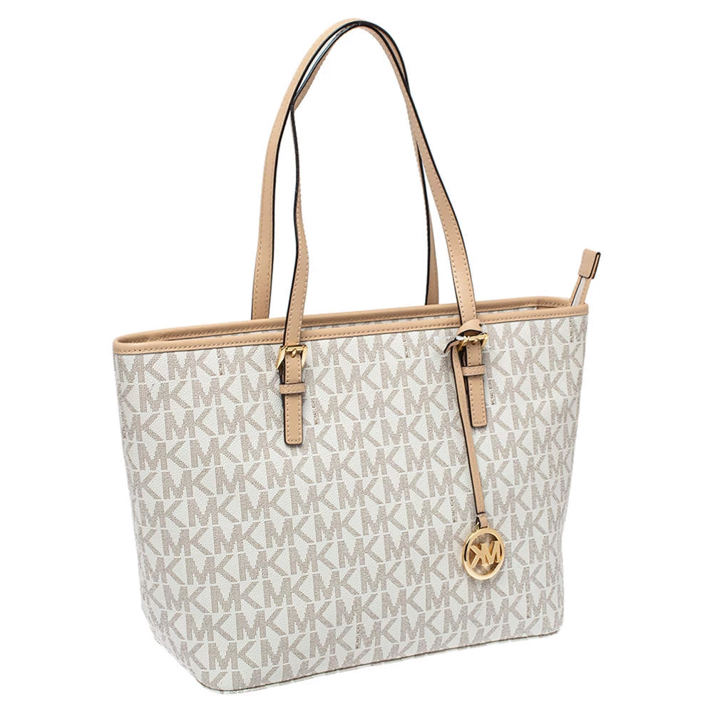 Michael Kors White/Beige Coated Canvas And Leather Medium Jet Set Tote For Women - Image 3