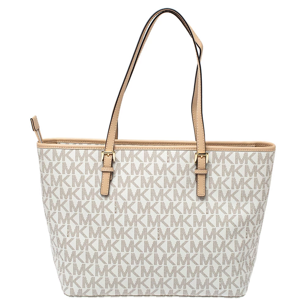 Michael Kors White/Beige Coated Canvas And Leather Medium Jet Set Tote For Women - Image 4