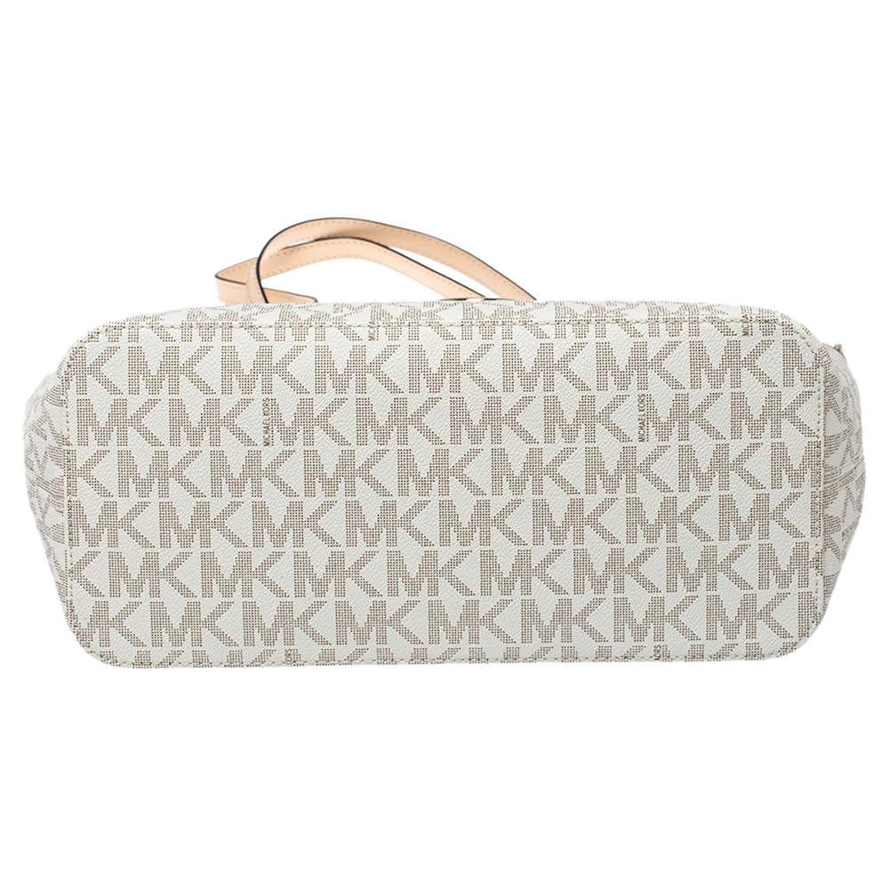 Michael Kors White/Beige Coated Canvas And Leather Medium Jet Set Tote For Women - Image 6