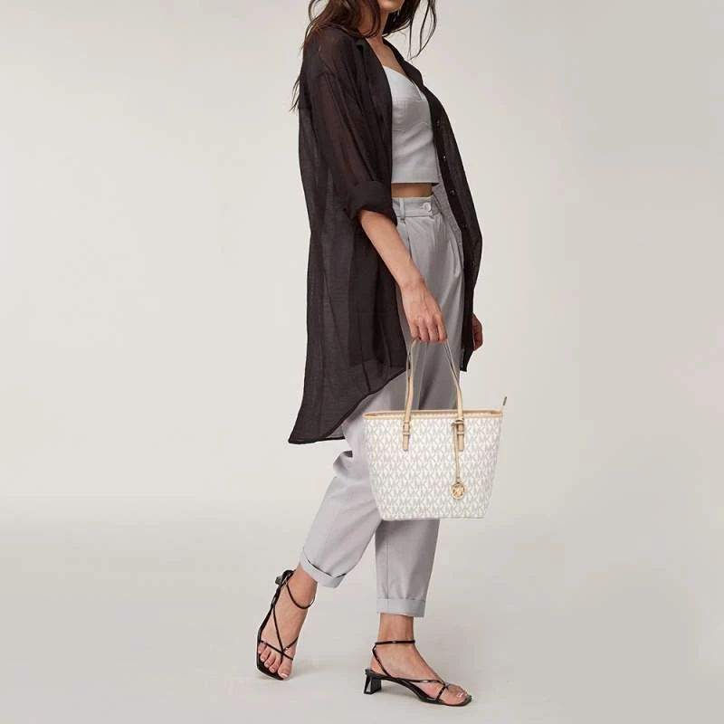 Michael Kors White/Beige Coated Canvas And Leather Medium Jet Set Tote For Women - Image 2