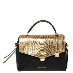 Michael Kors Black/Gold Leather And Snakeskin Embossed Leather Medium Bristol Top Handle Bag For Women