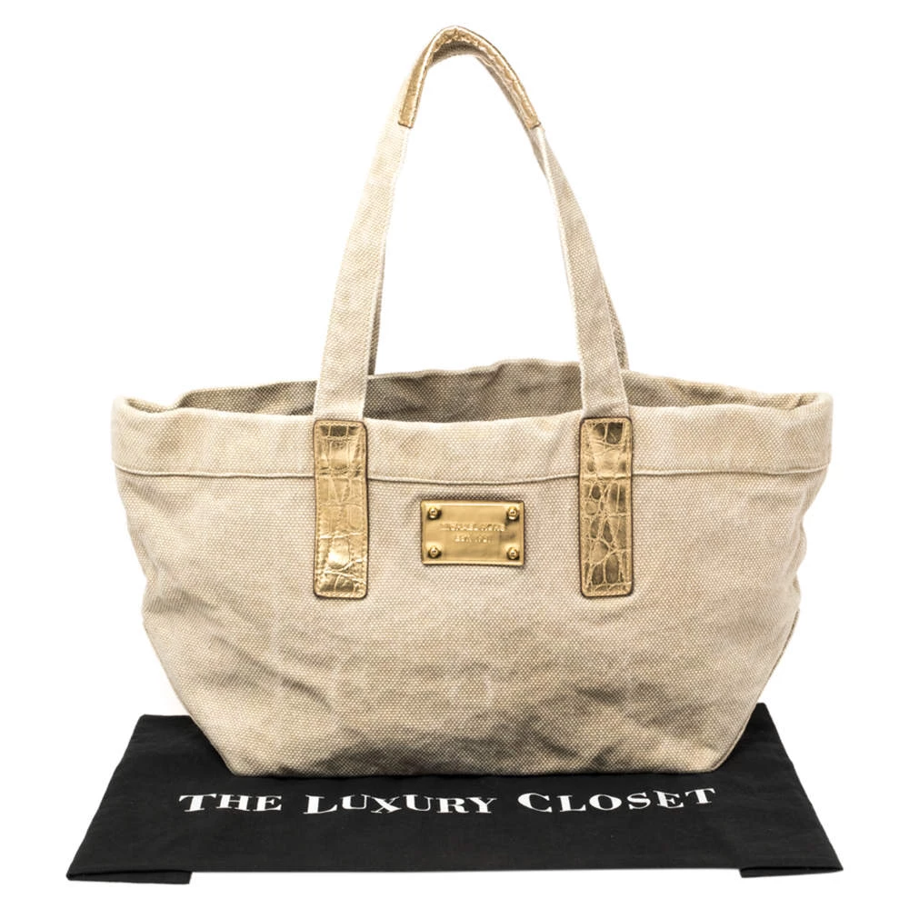 Michael Kors Beige/Gold Canvas And Croc Embossed Leather Tote For Women - Image 9