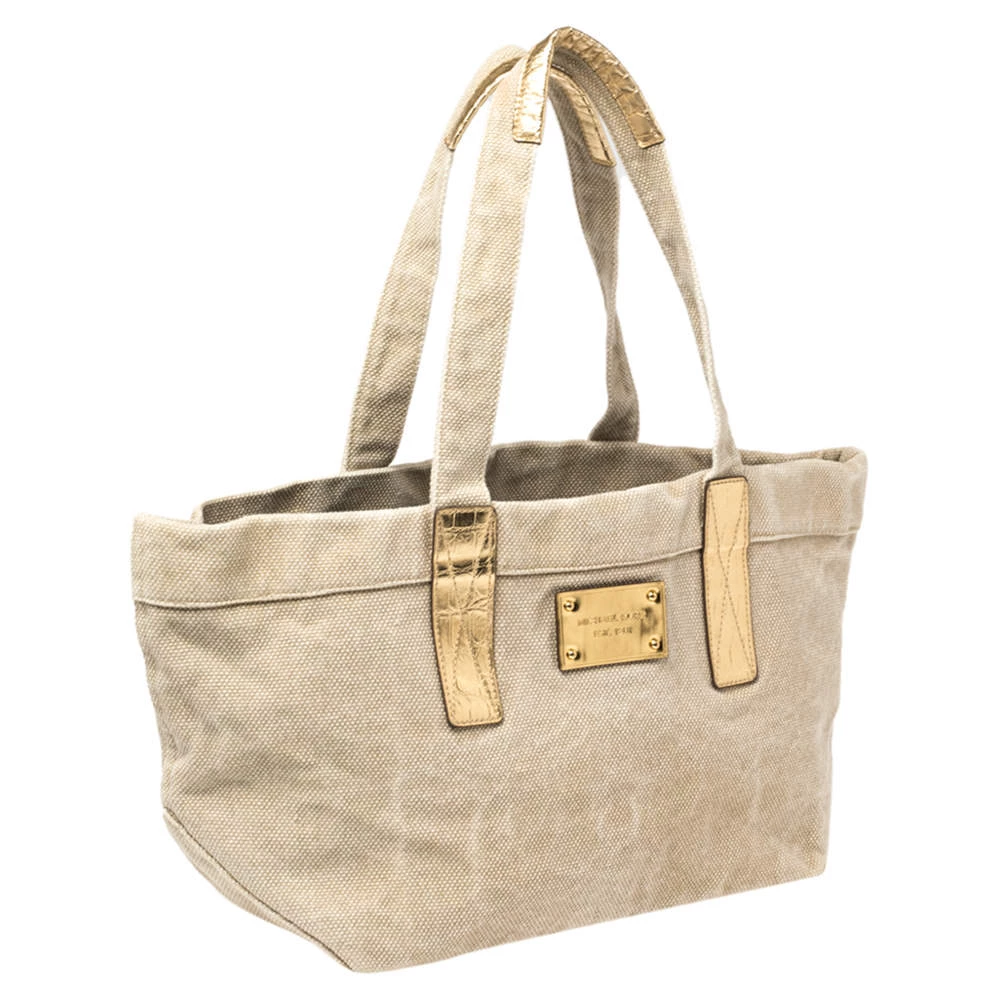 Michael Kors Beige/Gold Canvas And Croc Embossed Leather Tote For Women - Image 3