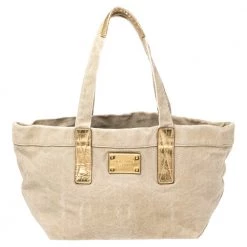 Michael Kors Beige/Gold Canvas And Croc Embossed Leather Tote For Women