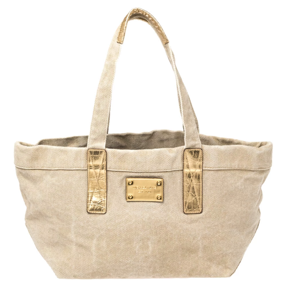Michael Kors Beige/Gold Canvas And Croc Embossed Leather Tote For Women