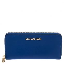 Michael Kors Blue Leather Jet Set Travel Zip Around Wallet For Women