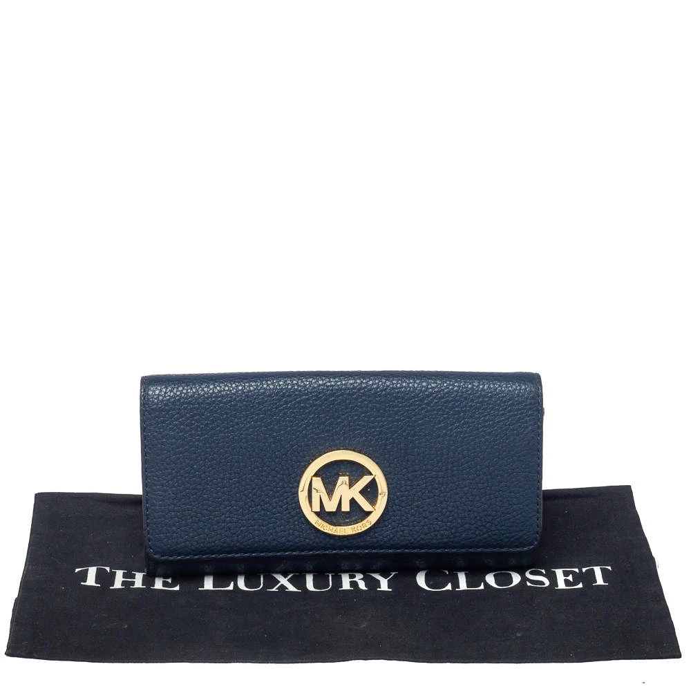 Michael Kors Navy Blue Leather Fulton Flap Continental Wallet For Women - Image 8