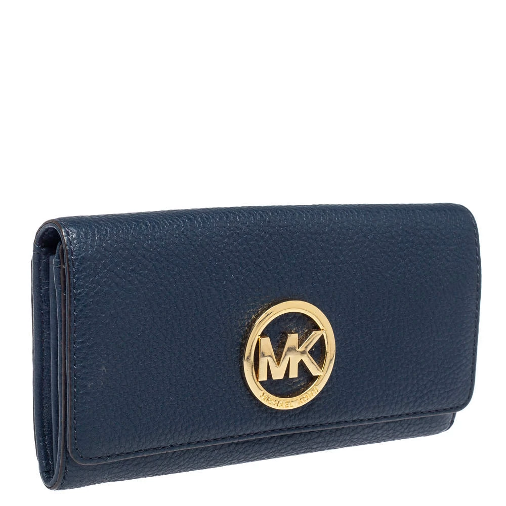 Michael Kors Navy Blue Leather Fulton Flap Continental Wallet For Women - Image 3