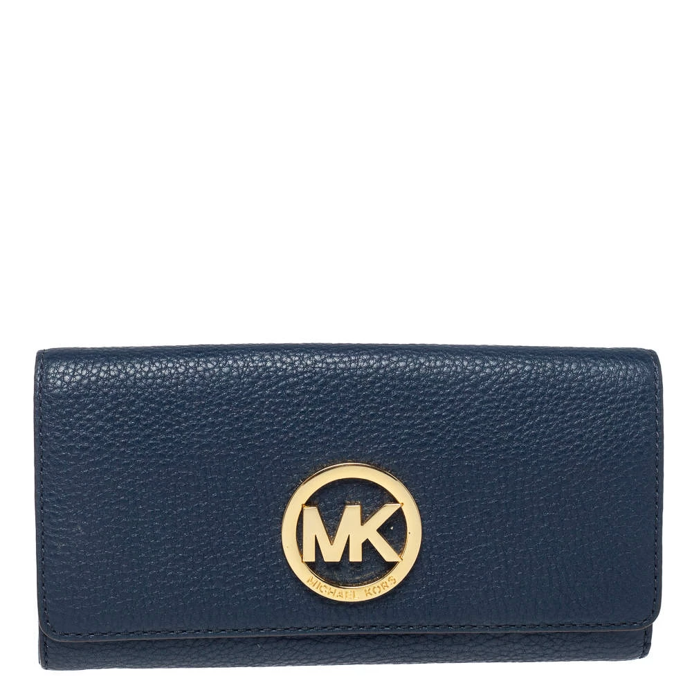 Michael Kors Navy Blue Leather Fulton Flap Continental Wallet For Women