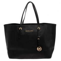 Michael Kors Black Leather Large Jet Set Travel Tote For Women