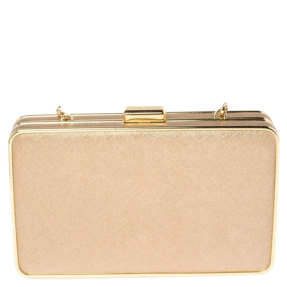 Michael Kors Metallic Gold Leather Elsie Box Chain Clutch For Women - Image 4