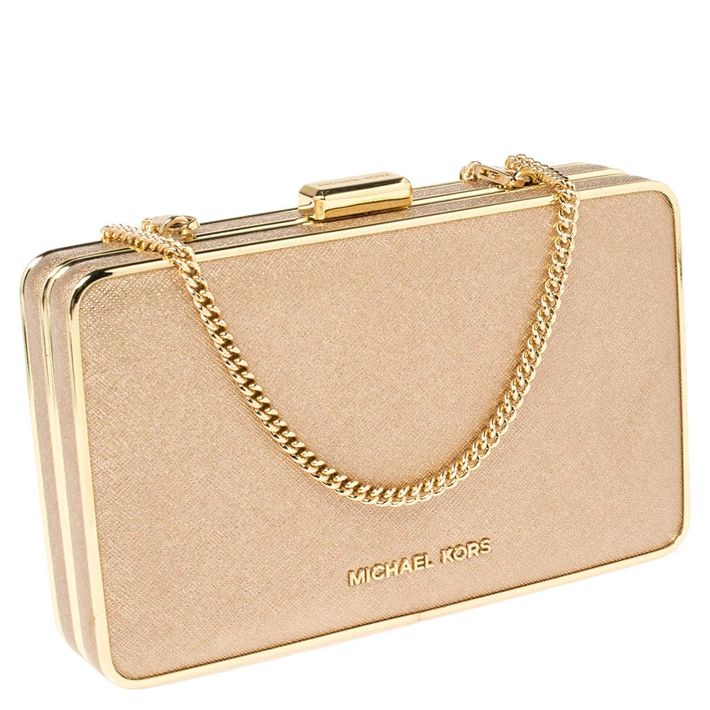 Michael Kors Metallic Gold Leather Elsie Box Chain Clutch For Women - Image 3