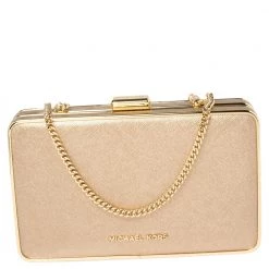 Michael Kors Metallic Gold Leather Elsie Box Chain Clutch For Women