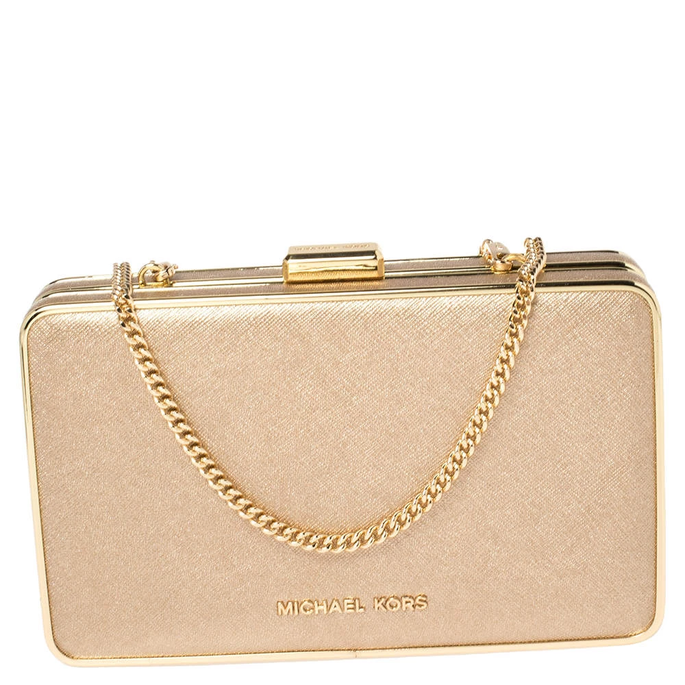 Michael Kors Metallic Gold Leather Elsie Box Chain Clutch For Women