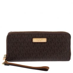 Michael Kors Brown Monogram Coated Canvas Zip Around Wristlet Wallet For Women