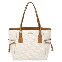 Michael Kors White/Brown Signature Coated Canvas Voyager Tote For Women