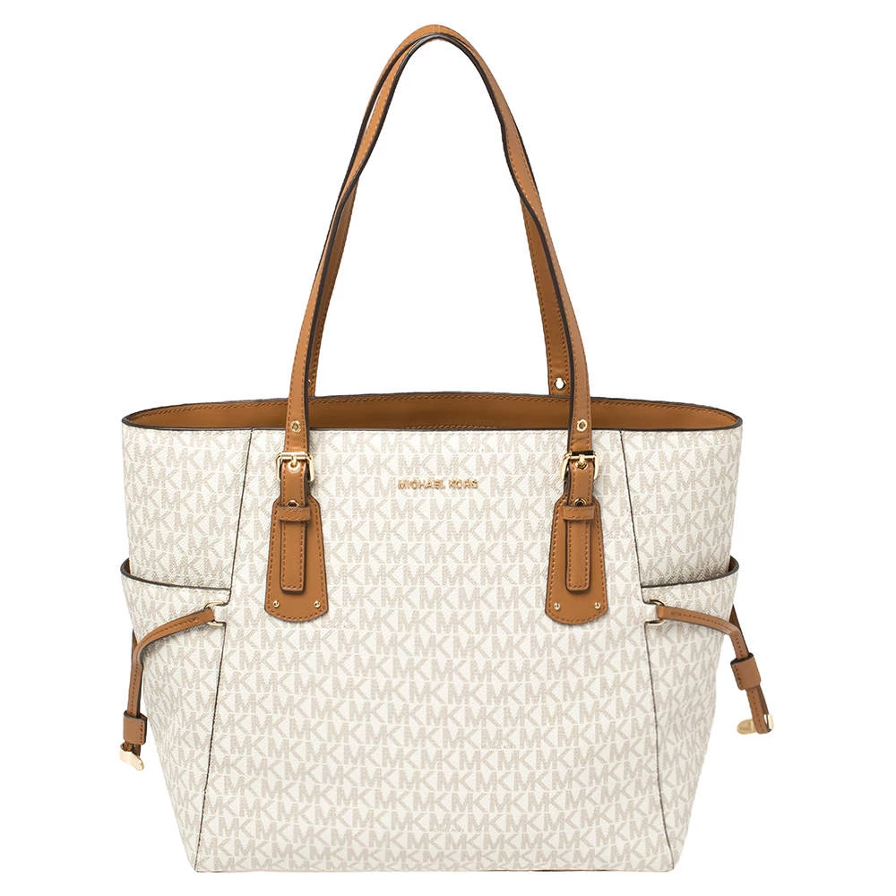 Michael Kors White/Brown Signature Coated Canvas Voyager Tote For Women