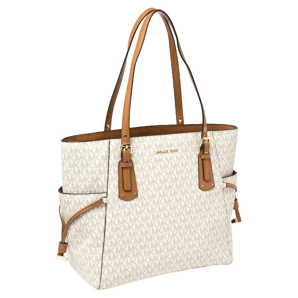 Michael Kors White/Brown Signature Coated Canvas Voyager Tote For Women - Image 3