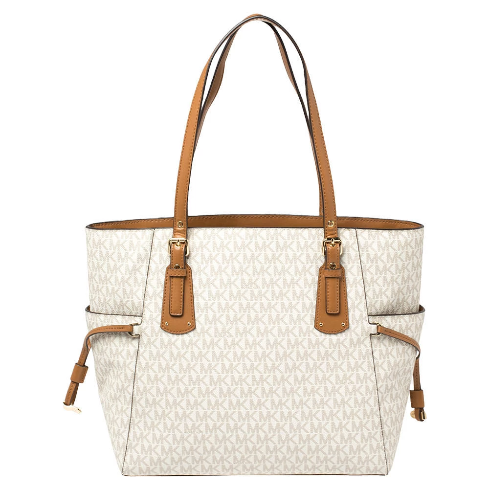 Michael Kors White/Brown Signature Coated Canvas Voyager Tote For Women - Image 4