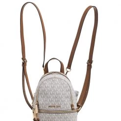 Michael Kors White/Tan Signature Coated Canvas And Leather Mini Rhea Backpack For Women