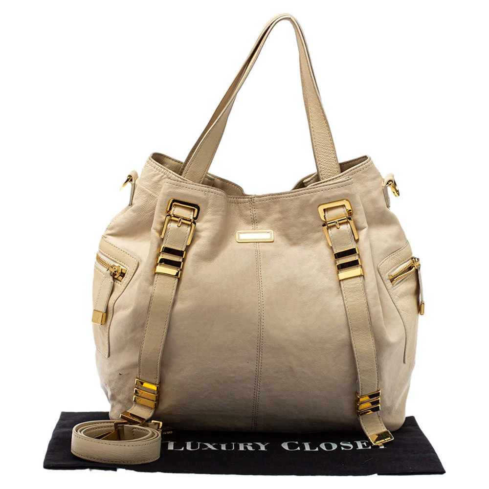 Michael Kors Cream Leather Buckle Side Pocket Shoulder Bag For Women - Image 11