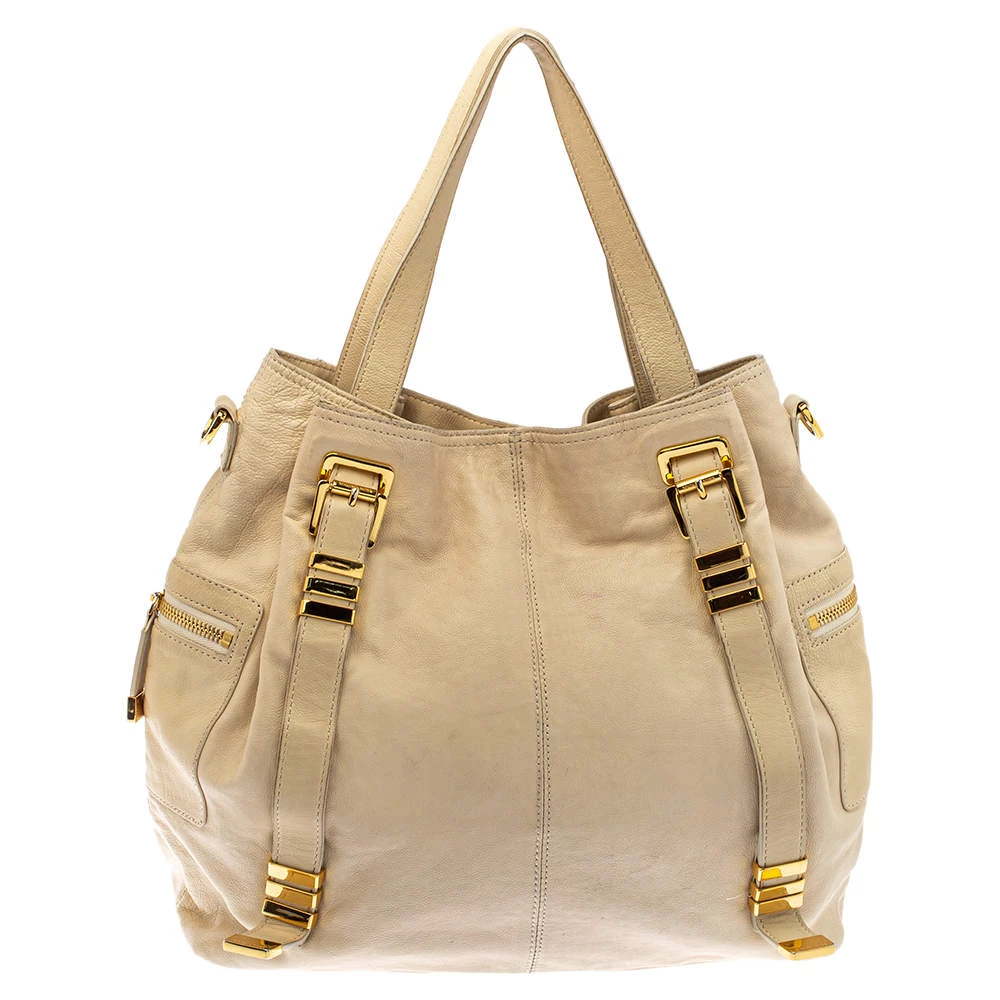 Michael Kors Cream Leather Buckle Side Pocket Shoulder Bag For Women