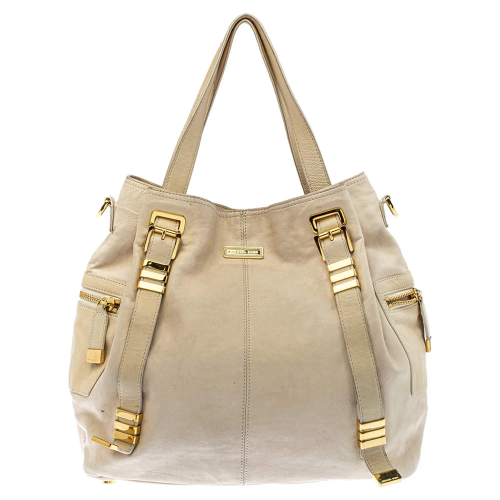 Michael Kors Cream Leather Buckle Side Pocket Shoulder Bag For Women - Image 4