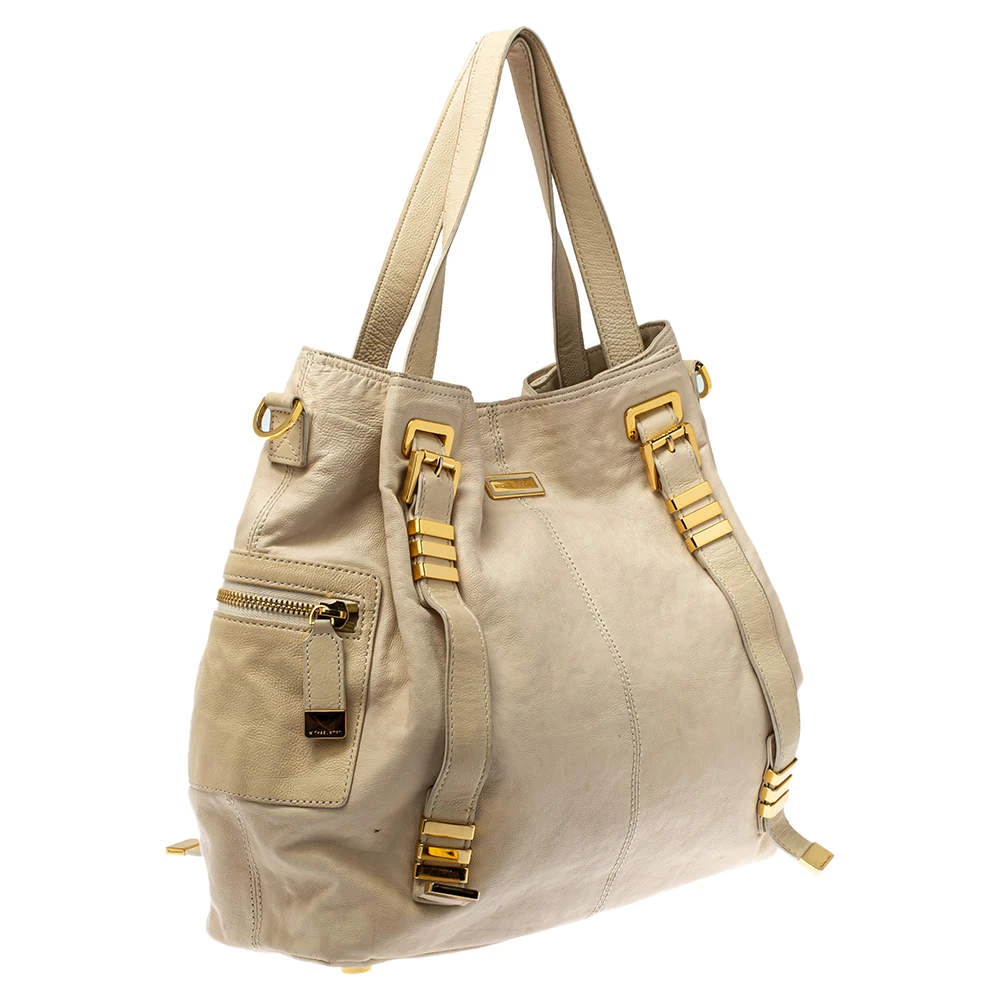Michael Kors Cream Leather Buckle Side Pocket Shoulder Bag For Women - Image 3