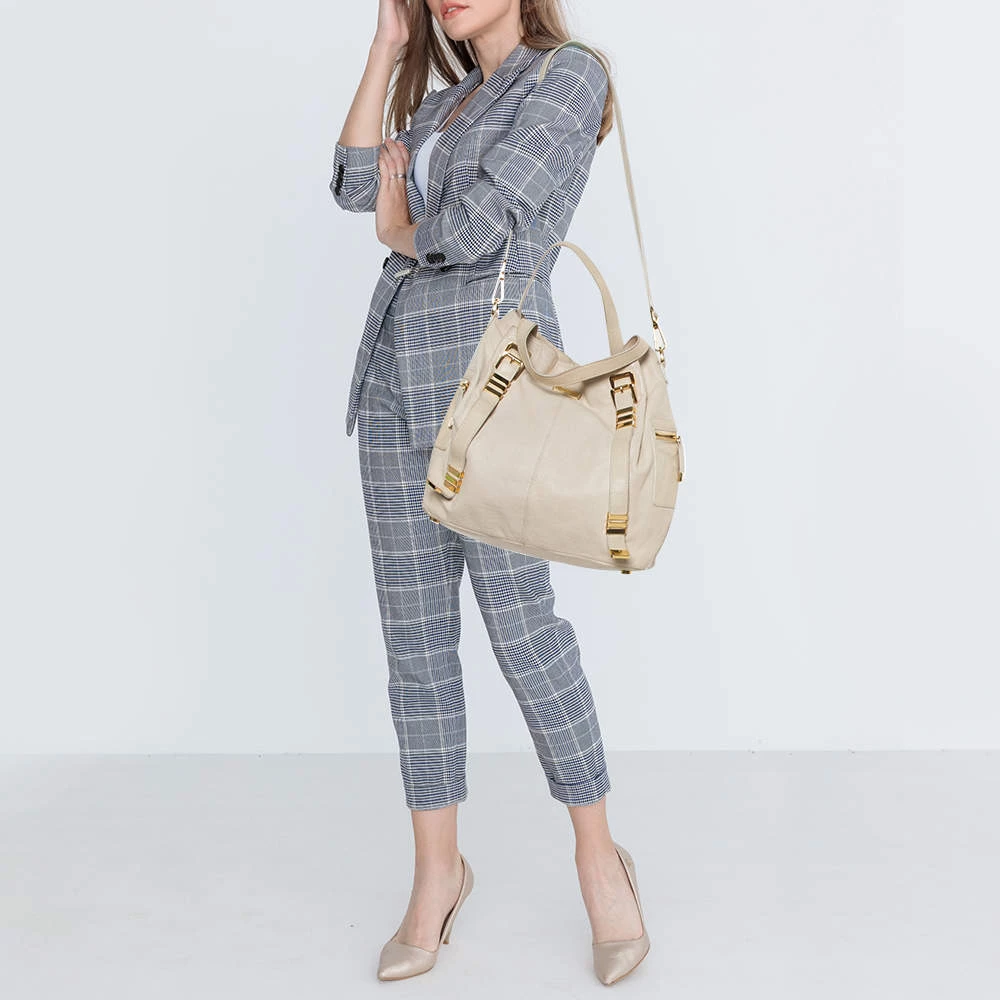 Michael Kors Cream Leather Buckle Side Pocket Shoulder Bag For Women - Image 2