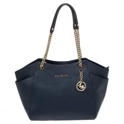 Michael Kors Navy Blue Leather Jet Set Travel Chain Tote For Women
