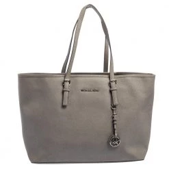Michael Kors Grey Saffiano Leather Large Jet Set Middle Zip Tote For Women