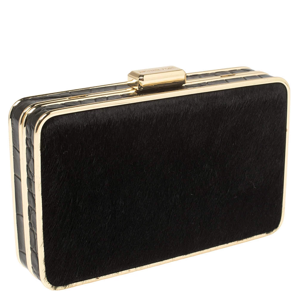 Michael Kors Black Pony Hair And Croc Embossed Leather Elsie Chain Clutch For Women - Image 3