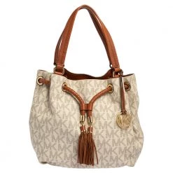 MICHAEL Michael Kors White/Brown Signature Coated Canvas And Leather Gathered Tote For Women