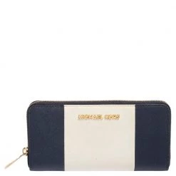 Michael Kors White/Blue Leather Jet Set Zip Around Wallet For Women