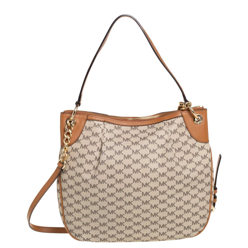 Michael Kors Beige/Brown Signature Coated Canvas And Leather Jet Set Hobo For Women - Image 4