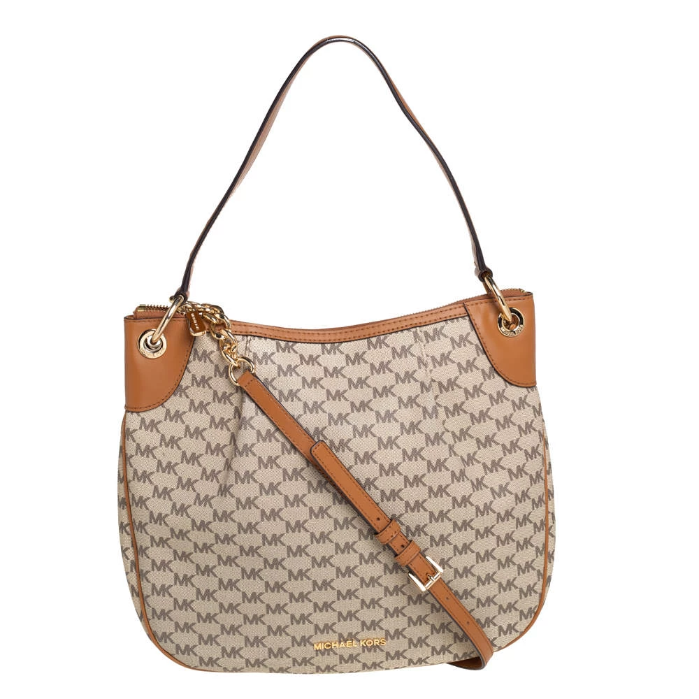 Michael Kors Beige/Brown Signature Coated Canvas And Leather Jet Set Hobo For Women