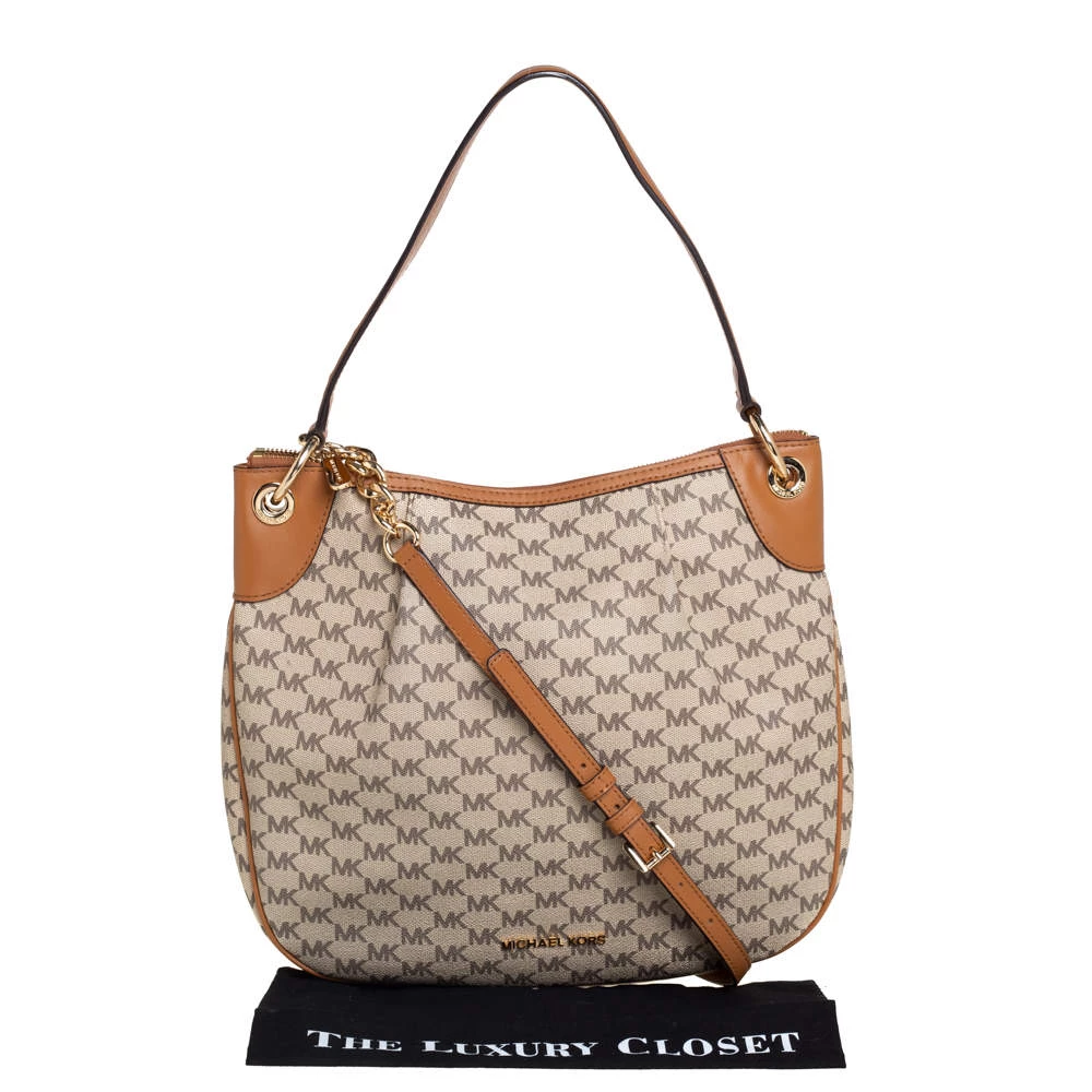 Michael Kors Beige/Brown Signature Coated Canvas And Leather Jet Set Hobo For Women - Image 9