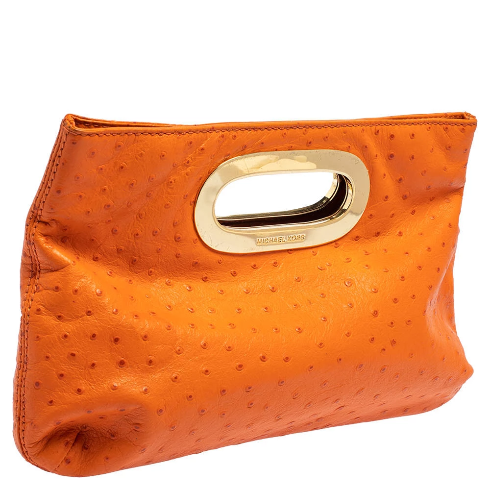Michael Kors Orange Ostrich Embossed Leather Berkley Clutch For Women - Image 3