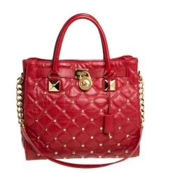 Michael Kors Red Quilted Leather Studded Hamilton Tote For Women