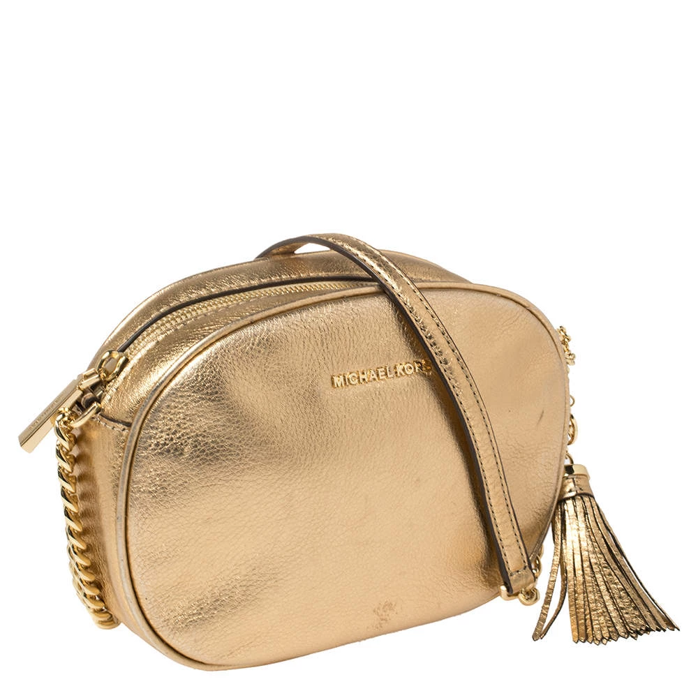 Michael Kors Metallic Gold Leather Medium Ginny Crossbody Bag For Women - Image 3
