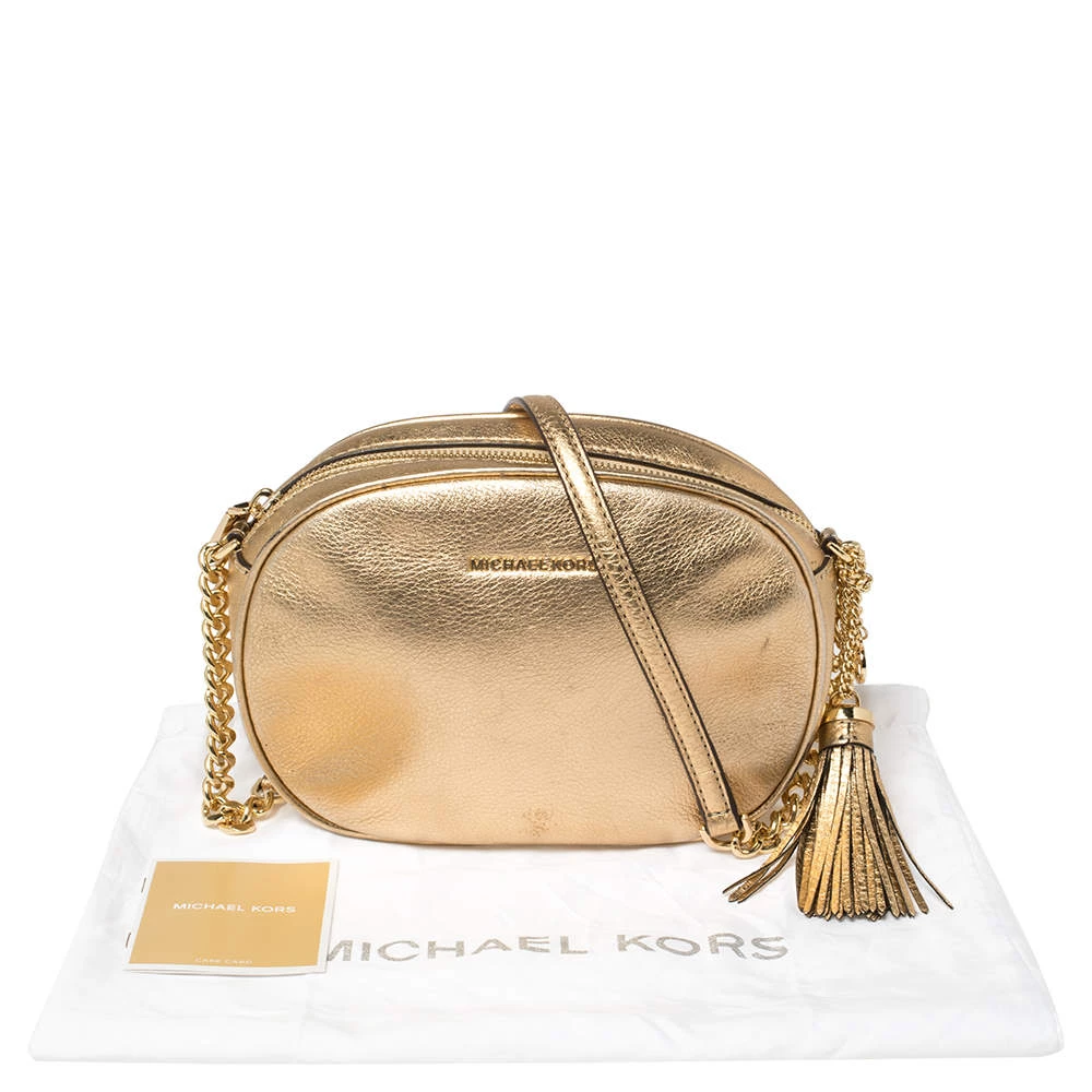 Michael Kors Metallic Gold Leather Medium Ginny Crossbody Bag For Women - Image 9