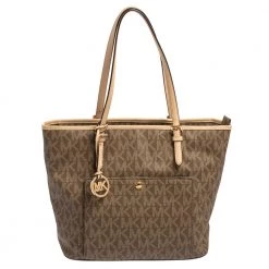MICHAEL Michael Kors Brown/Beige Signature Coated Canvas And Leather Jet Set Tote For Women