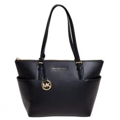 Michael Kors Black Leather Medium Jet Set Top Zip Tote For Women