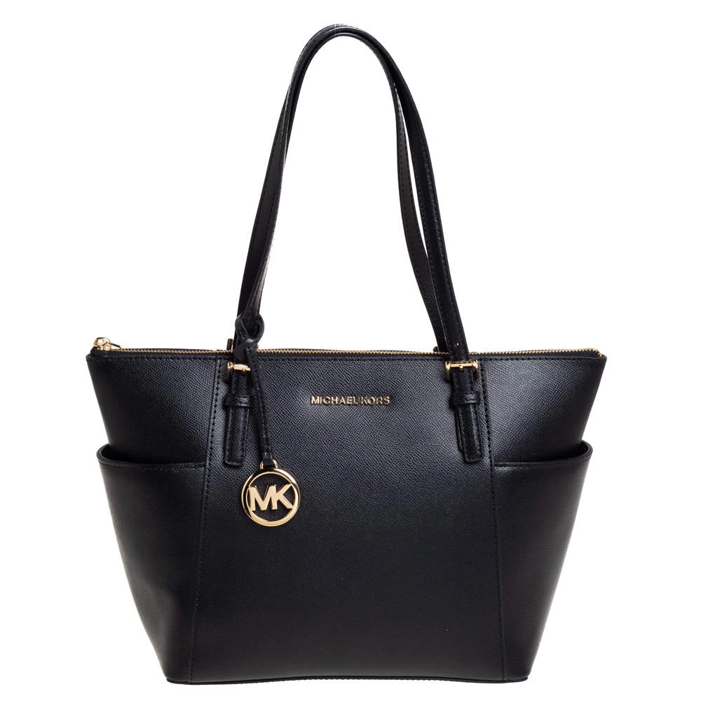 Michael Kors Black Leather Medium Jet Set Top Zip Tote For Women