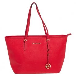 Michael Kors Red Leather Large Jet Set Travel Tote For Women
